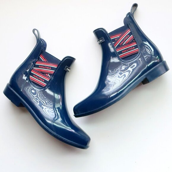 Nautica Navy Rubber Chelsea Rain Boots Waterproof Pull-On Logo Ankle Booties 8 - Picture 2 of 16